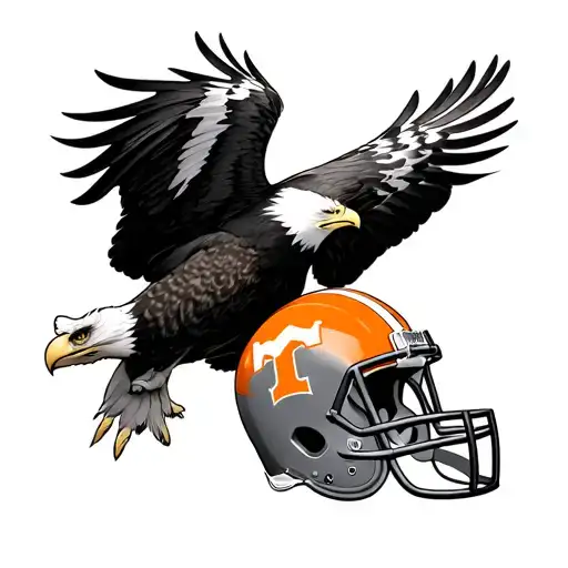 A realistic black and grey tattoo of a majestic eagle clutching a Tennessee Vols football helmet in its talons, symbolizing strength and loyalty to the client's favorite team tattoo design idea