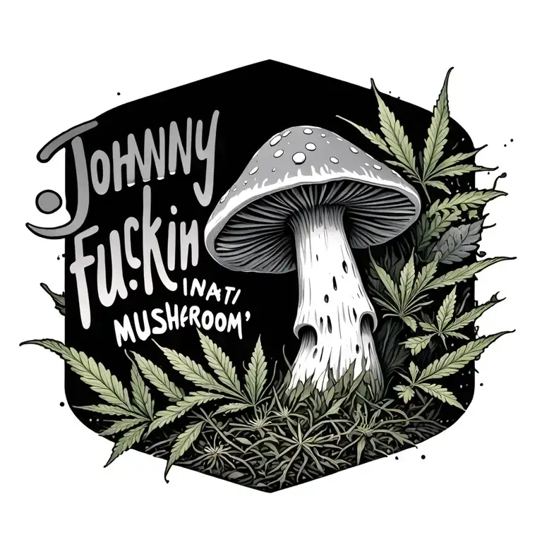 "Johnny fuckin mushroom " i want a trippy melting mushroom and Marijuana plants growing around tattoo design idea