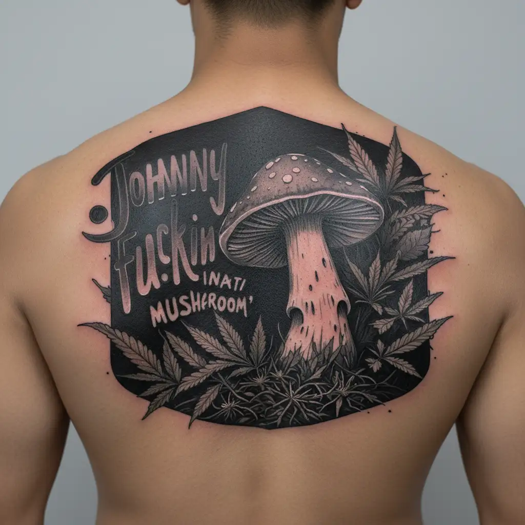 "Johnny fuckin mushroom " i want a trippy melting mushroom and Marijuana plants growing around tattoo design idea