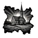 Burning Church on a torn piece of land tattoo design idea