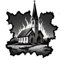Burning Church on a torn piece of land tattoo design idea