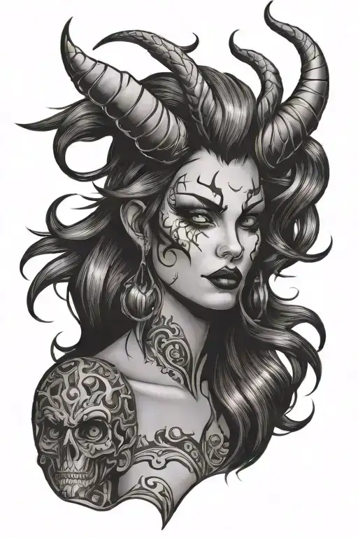 Devil lady head with long hair tattoo design idea