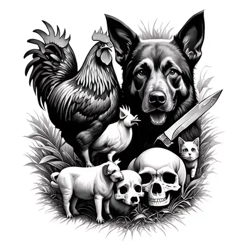 Bear, Rooster, 2 Pigs, German Shepherd, Beagle, Skull, Cat, Knife on a farm tattoo design idea