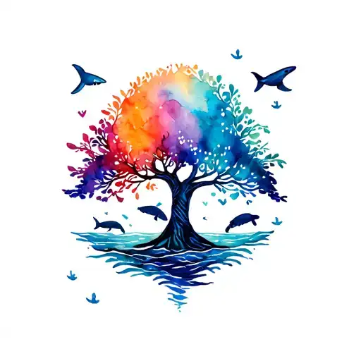 A tattoo with a tree of life watercolor with written Corinne, Lionel the sea of ​​fish, dolphins and turtles and tattoo design idea