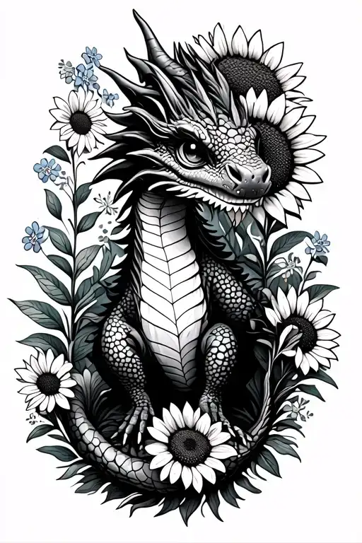 cute tiny dragon with sunflowers, forget-me-nots and plants surrounding it tattoo design idea