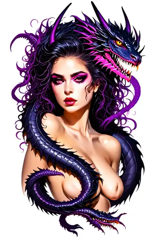 sexy demon with dragon intertwined purples blacks neon colours tattoo design idea