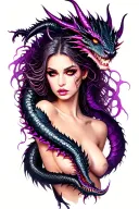 sexy demon with dragon intertwined purples blacks neon colours tattoo design idea