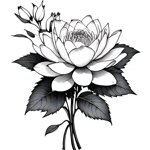 cherry blossom, water lily, rose bouquet stencil outline tattoo design idea