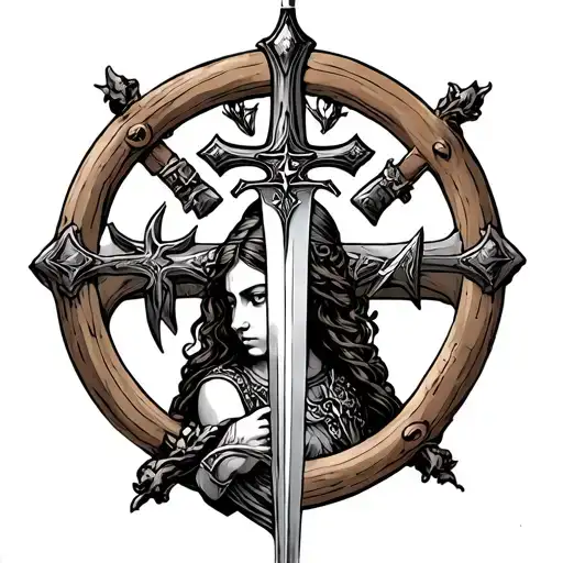 Joan of arc with sword infront and cross of Lorraine tattoo design idea