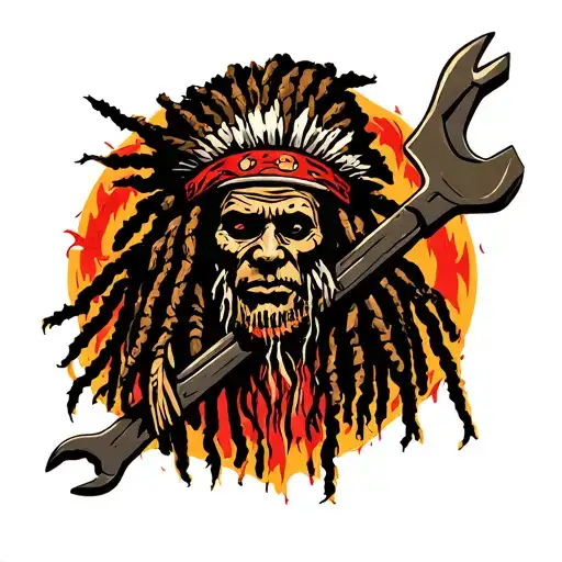 "Indigenous Plumbing " dreadlock war chief hold wrench crossed together tattoo design idea