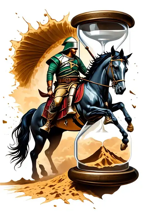 broken hour glass with sand pouring out transitioning into a spartan soldier on a horse tattoo design idea