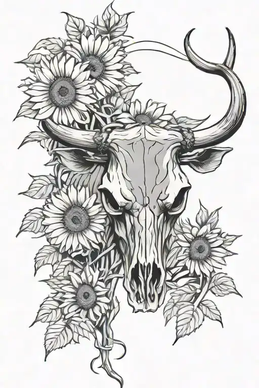 barb wire, longhorn cow skull, sunflowers down spine pretty feminine tattoo design idea