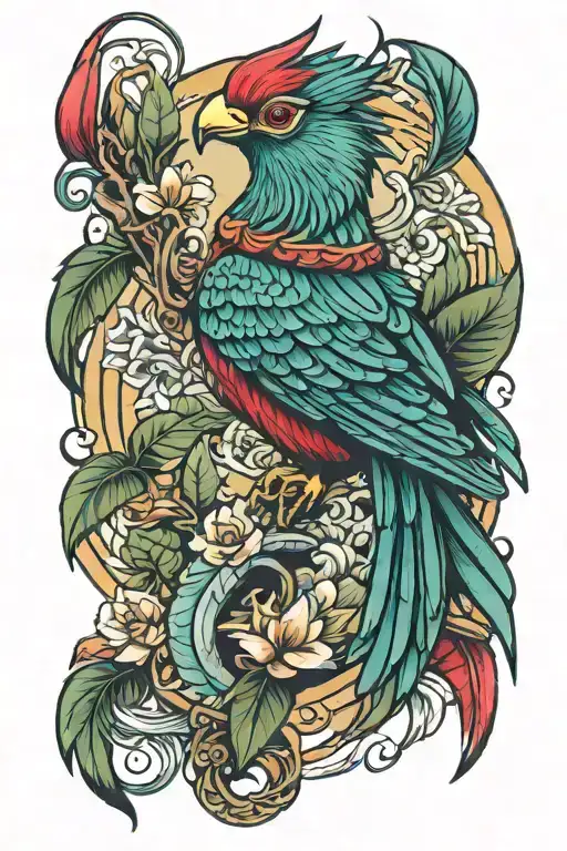 a toh bird and a quetzal bird combined all in one. tattoo design idea