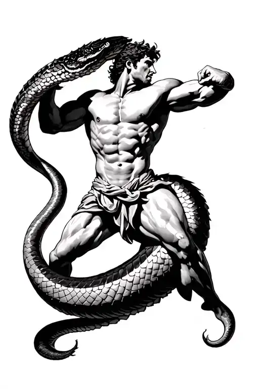 A dynamic composition where Hercules (in the Greek style, with a powerful anatomy) fights a giant snake. The body of the tattoo design idea