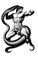 A dynamic composition where Hercules (in the Greek style, with a powerful anatomy) fights a giant snake. The body of the tattoo design idea