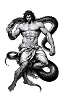 A dynamic composition where Hercules (in the Greek style, with a powerful anatomy) fights a giant snake. The body of the tattoo design idea