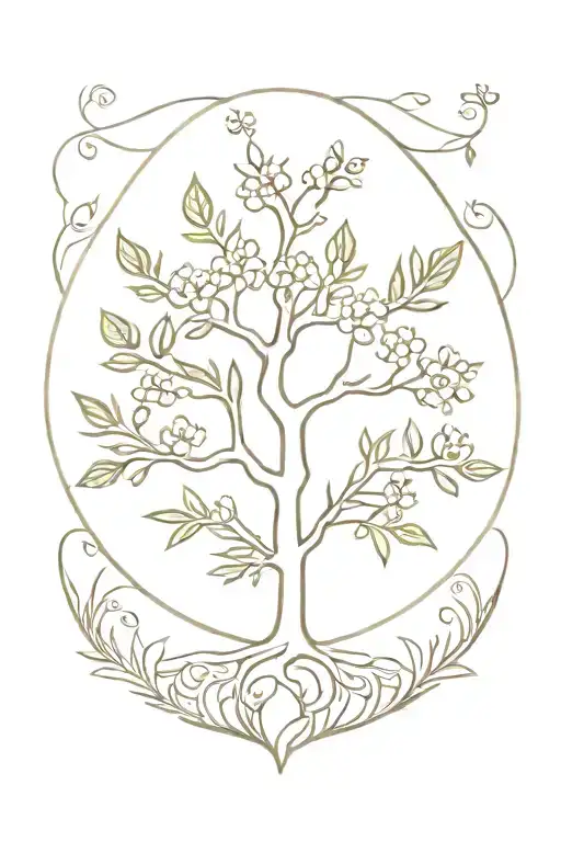 tree of life with May, August, October, November, June birth flowers tattoo design idea