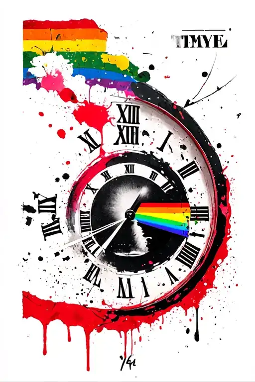 Pink Floyd Time using roman numerals, a spirl, surrealist, rainbow and 1974 tattoo design idea