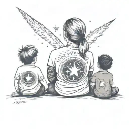 mom with her 2 boys from behind looking at a shooting star tattoo design idea