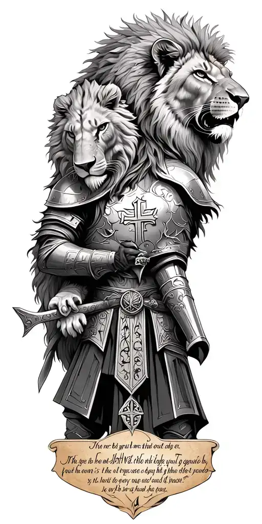 knight templar with a lion and a warrior bible verse written tattoo design idea