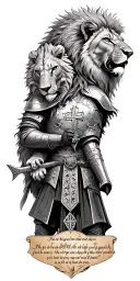 knight templar with a lion and a warrior bible verse written tattoo design idea
