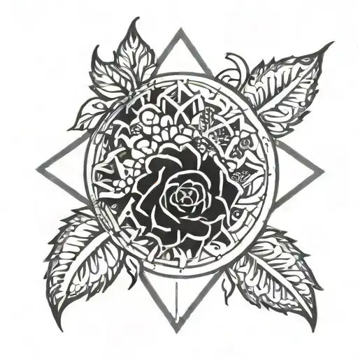 tribal marigold flower with Aztec calendar behind it tattoo design idea
