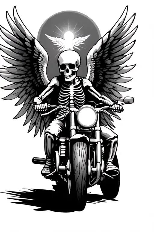 skeleton with wings riding a motorcycle with heaven in background tattoo design idea