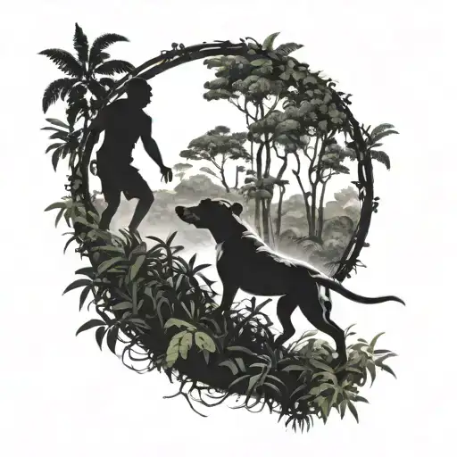 silhouette of a single boy and Pitbull walking through a vine-filled jungle into a  ayahuasca paterned vortex tattoo design idea