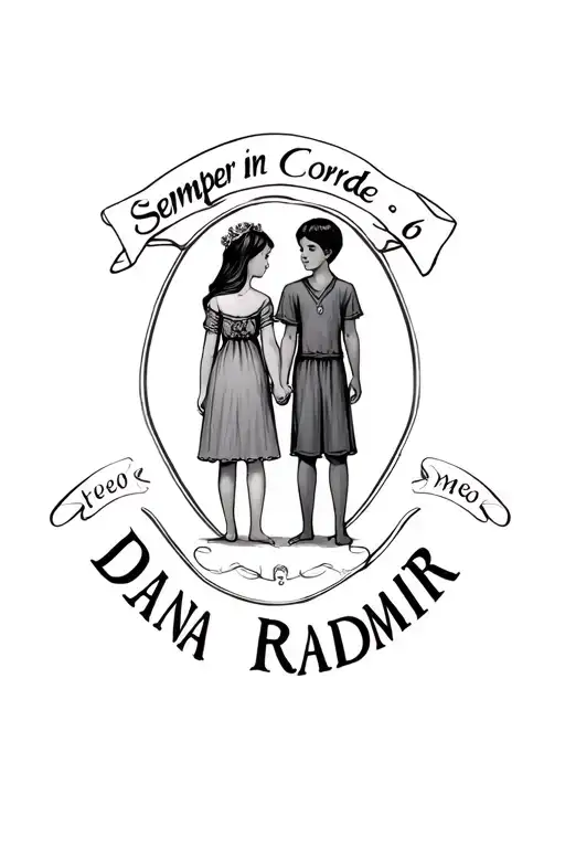 Girl 10 years and boy 6 years hold hands on top of the inscription Semper in Corde Meo from below the names Diana Radmir tattoo design idea