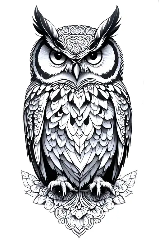 owl and mandala design incorporating elements intertwined tattoo design idea