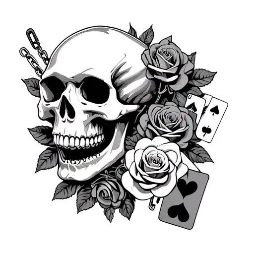 Skull with opened mouth, surrounded by roses/chains with poker cards  tattoo design idea