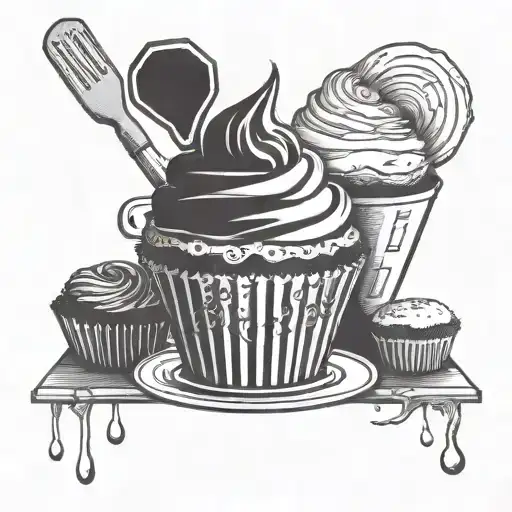 Incorporate a whimsical cupcake design with baking utensils and ingredients tattoo design idea