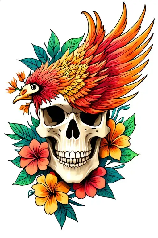 Phoenix skull Hawaiian flowers tattoo design idea