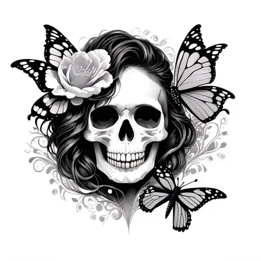 woman face skull and watch and butterfly  tattoo design idea