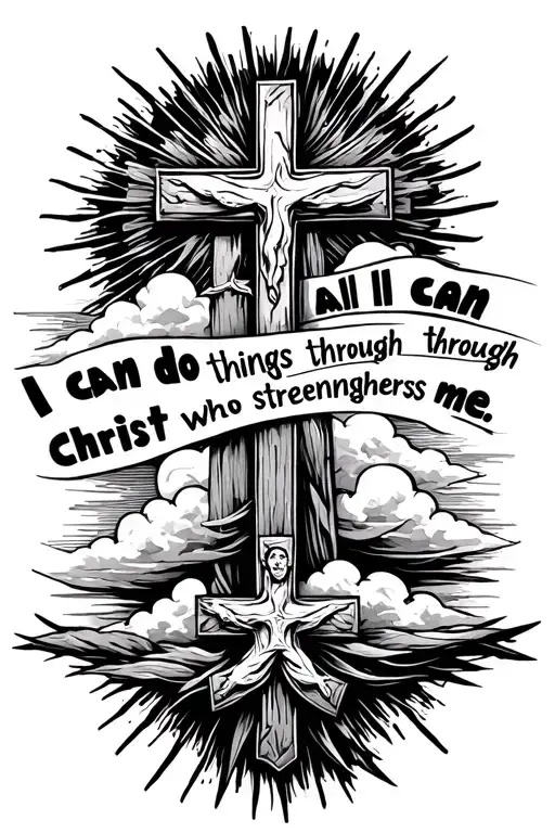 three crosses with sun rays and clouds with a quote that says i can do all things through christ who strengthens me tattoo design idea