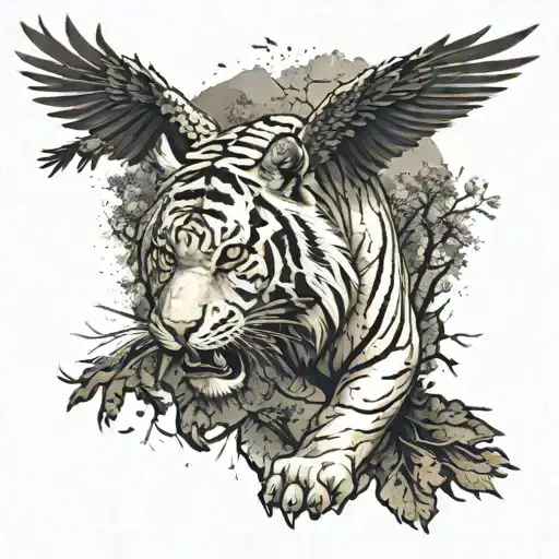 A tiger with an eagle soaring over the trees  tattoo design idea