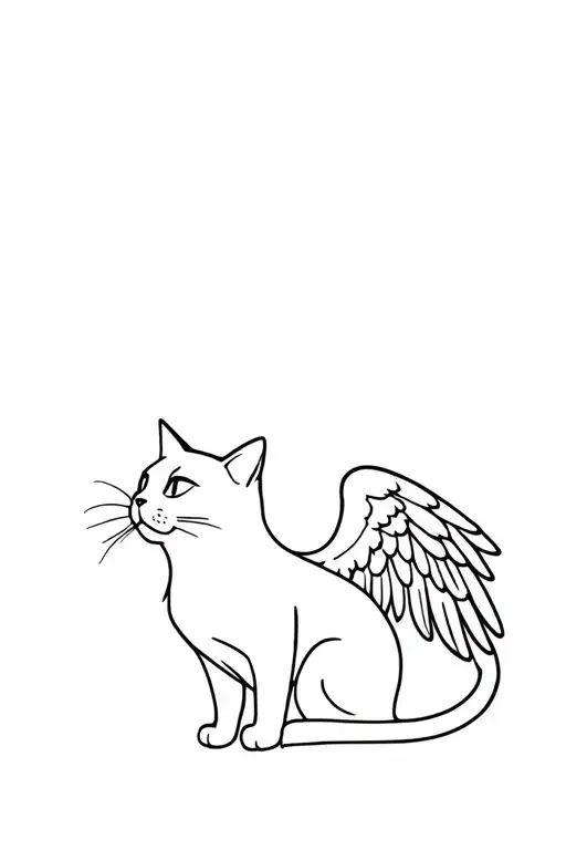 cat sitting and looking up and to the side with angel wings  tattoo design idea