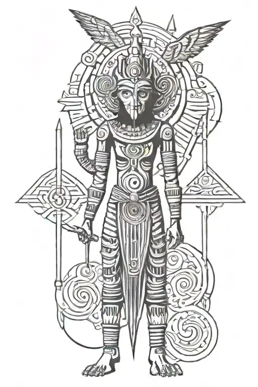 Depict iconic Anunnaki figures, often shown as winged, regal beings. These could be stylized along the upper arm, showin tattoo design idea