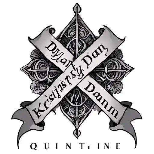 Vertical tattoo with the names dylan, kristy, dan, as side pieces with the main name being quinn. Use a pointy cross tattoo design idea