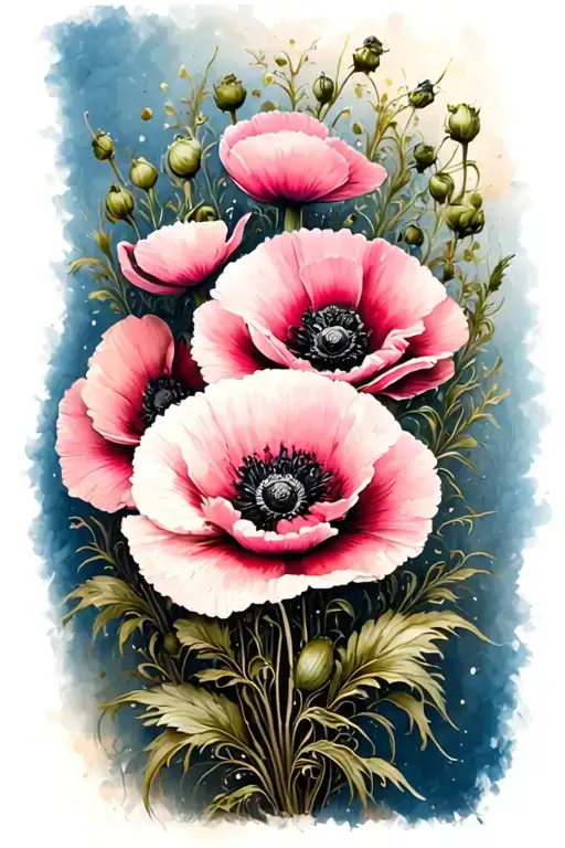 poppy flower bouquet tall spine tattoo design idea
