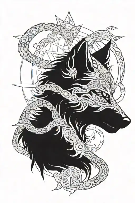 the Dacian wolf with snake body with the solar rosette and the zig zag symbols tattoo design idea