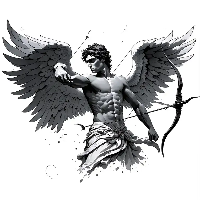 simple but realistic tattoo of a male angel that has 2 arms and a set of wings and is shooting 1 bow and arrow tattoo design idea