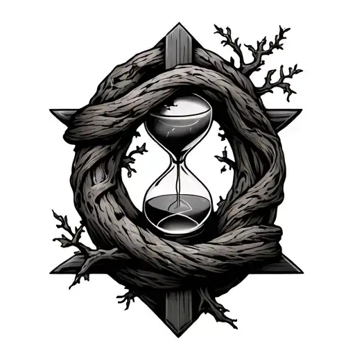 cross with a tree wrapped around it and hourglass wrapped tattoo design idea