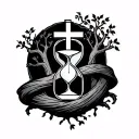 cross with a tree wrapped around it and hourglass wrapped tattoo design idea