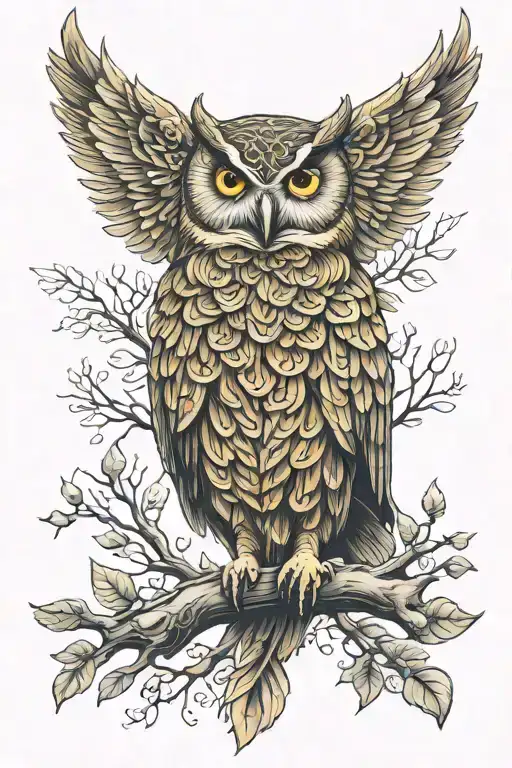 Celtic owl on branch with wings outstretched wings tattoo design idea