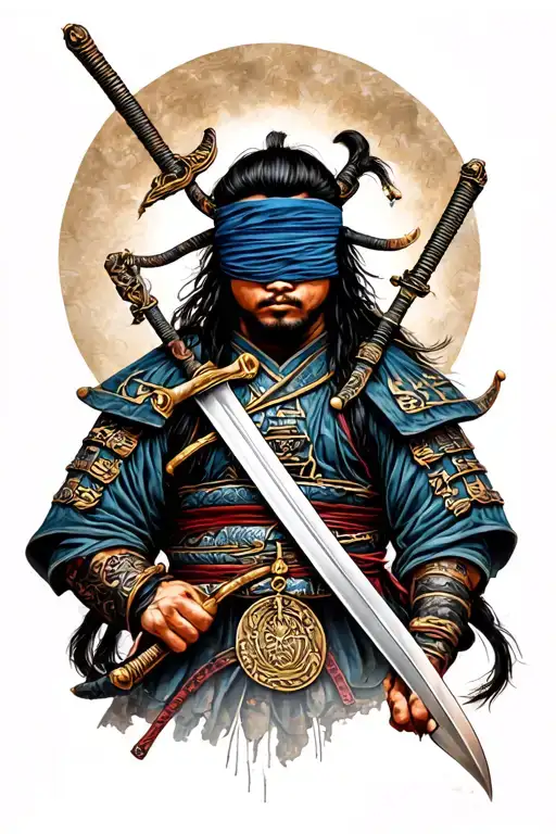 samurai blindfolded with the libra scale down and the sword samehada up tattoo design idea