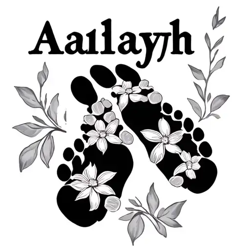 memory tattoo name Aaliyah foot prints and flowers tattoo design idea