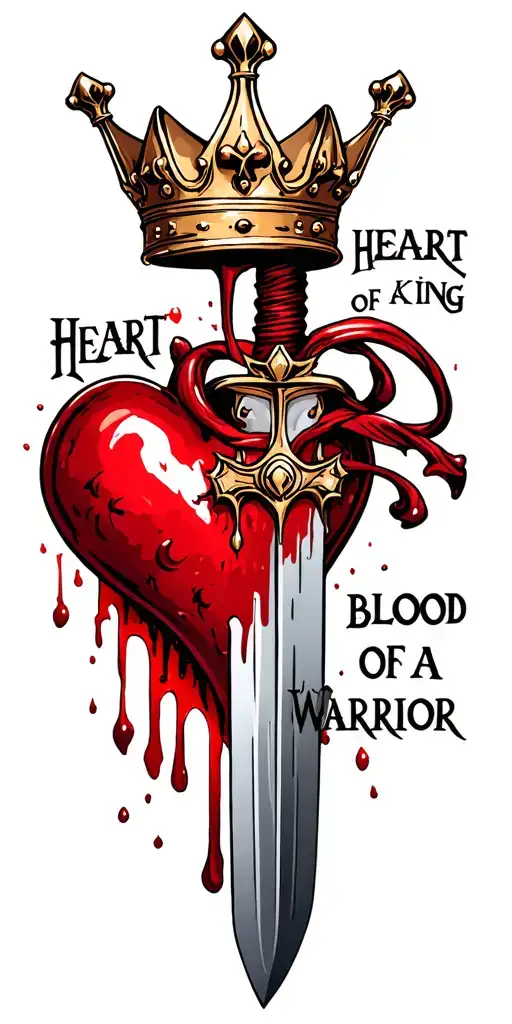 bloody dagger going through a heart with a crown and words heart of a king blood of a warrior  tattoo design idea