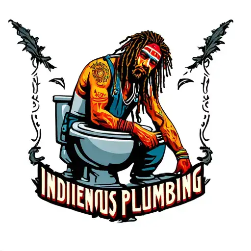 "Indigenous Plumbing " dreadlock painted face Native American plumber working on toilet tattoo design idea