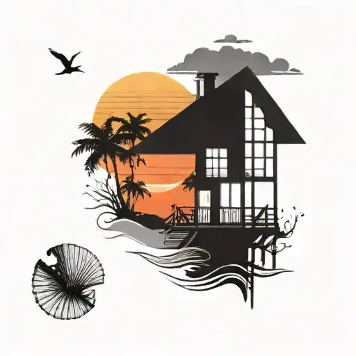A silhouette of a beach house against a vibrant sunset over the ocean, with seashells scattered in the sand tattoo design idea